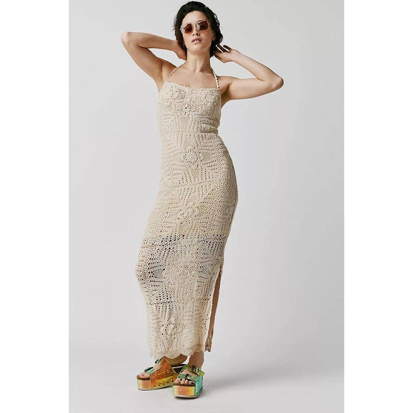 New Free People Dahlia Chrochet Bodycon Style Maxi Dress $168 MEDIUM Natural